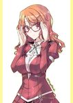  adjusting_eyewear alternate_hairstyle anchor aquila_(kantai_collection) bespectacled breasts brown-framed_eyewear brown_eyes commentary_request glasses green_neckwear green_ribbon hair_down hair_ornament hairclip high_ponytail kantai_collection large_breasts long_hair long_sleeves looking_at_viewer mikage_takashi neck_ribbon orange_hair ribbon solo twitter_username 