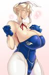  animal_ears artoria_pendragon_(all) artoria_pendragon_(lancer) bare_shoulders blue_eyes braid breasts bunny_ears bunnysuit cleavage earrings fate/grand_order fate_(series) gloves green_eyes heart huge_breasts jewelry looking_at_viewer pantyhose skindentation smile solo tanishi_(tani4) 