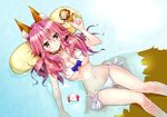  ahoge animal_costume animal_ears artoria_pendragon_(all) ass_visible_through_thighs bad_id bad_pixiv_id bell bell_collar bikini blonde_hair blush breasts chibi cleavage collar fate/extra fate_(series) fox_ears fox_tail from_above green_eyes groin highres large_breasts lion_costume long_hair looking_at_another midriff multiple_girls nanakusa_amane navel partially_submerged pink_hair saber saber_lion short_hair side-tie_bikini smile swimsuit tail tamamo_(fate)_(all) tamamo_no_mae_(fate) tassel thigh_gap water white_bikini yellow_eyes 