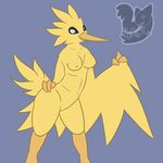  3_fingers anthro anthrofied avian beak bird black_sclera blue_background breasts crane erect_nipples feathered_wings feathers female fur legendary_pok&eacute;mon looking_at_viewer navel nintendo nipples nude pok&eacute;mon posexe simple_background smile solo spread_legs spreading standing thick_thighs video_games watermark white_eyes wide_hips wings yellow_fur zapdos 