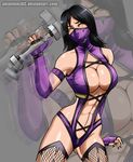  1girl black_hair breasts cleavage large_breasts mask midriff mileena mortal_kombat nail_polish navel slit_pupils yellow_eyes 