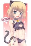  animal_ears arms_behind_back bell bell_choker black_bra black_panties blonde_hair blue_eyes blush bra cat_cutout cat_ear_panties cat_ears cat_lingerie character_name choker cleavage_cutout cover cover_page cowboy_shot doujin_cover fake_animal_ears fang flat_chest girls_und_panzer highres jingle_bell katyusha looking_at_viewer mao_(6r) meme_attire navel open_mouth panties side-tie_panties smile solo standing tail underwear underwear_only 