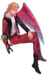  ankh_(ooo) belt blonde_hair crossed_legs feathered_wings full_body fur_trim gauntlets highres jacket kamen_rider kamen_rider_ooo_(series) male_focus mansu red_eyes simple_background single_wing solo white_background wings 