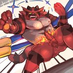  2016 anus armpits balls biceps black_fur butt claws erection fangs fighting_ring fire fur half-closed_eyes incineroar kalchivo looking_at_viewer male muscular muscular_male nintendo nipples nude open_mouth pecs penis pok&eacute;mon raised_arm red_fur ring saliva sharp_teeth signature solo sport star stripes teeth tongue tongue_out vein veiny_penis video_games white_fur wrestler wrestling 