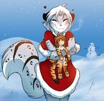  &lt;3 :3 anthro chest_tuft christmas clothed clothing cub cute digitigrade dress ears_back eyes_closed feline female flora_(twokinds) fur holidays keidran leopard maeve_(twokinds) mammal plushie snow snow_leopard snowman solo spots spotted_fur tiger tom_fischbach toy tuft twokinds young 