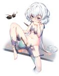  1girl bangs barefoot blue_flower blue_rose blush bodypaint breasts collarbone commentary covered_mouth english_commentary eyebrows_visible_through_hair flower grey_eyes hair_between_eyes hair_ribbon hand_on_hip knee_up konno_junko long_hair low_twintails naked_paint navel paintbrush poseich pussy ribbon rose silver_hair small_breasts solo sparkle sunglasses tatsumi_koutarou toenails twintails v-shaped_eyebrows very_long_hair white_background zombie_land_saga 