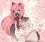  5_fingers anthro cat clothed clothing collar feline female fur grey_fur hair heterochromia mammal open_mouth pink_hair purrchinyan smile solo standing teeth tongue wide_hips 