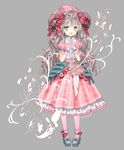  artist_name dress flower full_body gloves grey_background grey_eyes grey_footwear grey_hair hair_flower hair_ornament hands_together hat horns konataeru long_hair looking_at_viewer open_mouth personification pink_dress pink_gloves pink_hat pink_legwear sheep_horns shoes solo spring_(season) standing 