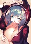  blue_eyes blue_hair blush breasts cleavage hand_on_own_head highres hood hoodie large_breasts mamuru open_mouth original short_hair simple_background solo 