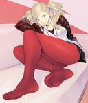  blonde_hair blue_eyes bubuzuke earrings feet full_body hair_ornament hairclip jewelry legs no_shoes pantyhose persona persona_5 red_legwear soles solo takamaki_anne twintails 