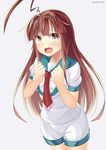  ahoge bad_id bad_pixiv_id brown_eyes brown_hair commentary cowboy_shot fang huge_ahoge kankitsunabe_(citrus) kantai_collection kuma_(kantai_collection) long_hair necktie red_neckwear sailor_collar school_uniform serafuku short_sleeves shorts solo standing 