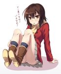  arm_support ass blush boku_dake_ga_inai_machi boots brown_eyes brown_hair coat full_body hinazuki_kayo kyuutou_(kyuutouryuu) legs looking_at_viewer panties pantyshot pantyshot_(sitting) parted_lips pleated_skirt scarf short_hair sitting skirt solo underwear white_panties 