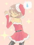 1girl bare_shoulders christmas dress elbow_gloves eyes_closed fingerless_gloves frisk_(undertale) santa_hat santa_suit short_hair undertale 