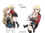  2girls age_difference blonde_hair blue_eyes blush bomber_jacket boots cup darjeeling dated denim denim_shorts girls_und_panzer hand_in_pocket jacket kay_(girls_und_panzer) military military_uniform multiple_girls saucer saunders_military_uniform shorts sketch smile soramame_(corndog) spread_legs st._gloriana's_military_uniform tank_top teacup thighhighs translation_request uniform white_background white_legwear younger 