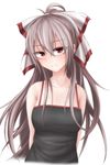  arms_behind_back bare_shoulders bow camisole contemporary fujiwara_no_mokou grey_hair hair_between_eyes hair_bow head_tilt kuroba_rapid long_hair looking_at_viewer red_eyes simple_background smile solo touhou tsurime upper_body white_background 