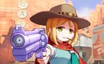  :3 blonde_hair braid cosplay cowboy_hat crown_braid desert food food_in_mouth gun handgun hat holding holding_food holding_gun holding_weapon langbazi love_live! love_live!_sunshine!! mccree_(overwatch) mccree_(overwatch)_(cosplay) mouth_hold ohara_mari overwatch parody pocky poncho school_uniform serafuku solo sweater uranohoshi_school_uniform weapon yellow_eyes 