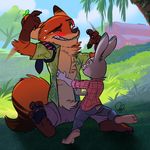  anthro benj24 black_nose canine carrot clothed clothing comic disney female food fox fur grass green_eyes judy_hopps lagomorph male mammal necktie nick_wilde orange_fur rabbit vegetable zootopia 