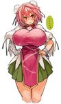  bandaged_arm bandages blouse breasts bun_cover chain cropped_legs cuffs double_bun green_skirt hands_on_hips huge_breasts ibaraki_kasen impossible_clothes miniskirt pink_hair pleated_skirt puffy_short_sleeves puffy_sleeves red_eyes sachito short_hair short_sleeves simple_background sketch skirt solo standing sweat tabard touhou white_background white_blouse 