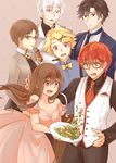  4boys 707_(susanghan_messenger) bare_shoulders blonde_hair blue_neckwear brown_eyes brown_hair dress food glasses hair_tie haiyun han_jumin kang_jaehee kebab long_hair looking_at_another multiple_boys multiple_girls necktie open_mouth pink_dress plate pocket ponytail protagonist_(susanghan_messenger) purple_eyes red_neckwear shrimp spilling standing susanghan_messenger white_hair yoosong_(susanghan_messenger) zen_(susanghan_messenger) 