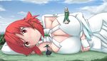  blonde_hair breasts cleavage cloud commentary_request day frown giantess highres izetta large_breasts looking_at_viewer lotte_(shuumatsu_no_izetta) multiple_girls ortfine_fredericka_von_eylstadt red_eyes red_hair short_hair shuumatsu_no_izetta sky smile terada_ochiko 