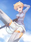  animal_ears bangs belt between_breasts blonde_hair blue_eyes blue_sky blue_sweater blush brave_witches breasts cameltoe cloud commentary day ermine_ears ermine_tail flying fur_trim gun hand_behind_head konnyaku_(kk-monmon) large_breasts laughing machine_gun mecha_musume nikka_edvardine_katajainen open_mouth pantyhose pouch ribbed_sweater short_hair sky solo strap_cleavage striker_unit sweater tail turtleneck turtleneck_sweater weapon white_legwear world_witches_series 