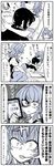  4koma ahoge arashi_(kantai_collection) blush book card chair closed_eyes comic eyepatch flower friday_the_13th gloves greyscale headgear headgear_removed highres holding holding_book kaga3chi kantai_collection kiso_(kantai_collection) long_hair lying_on_person messy_hair monochrome multiple_girls open_book playing_card reading ribbon scared school_uniform serafuku shaded_face short_hair sitting skirt sleeping sleeping_on_person sweatdrop tatami tearing_up tenryuu_(kantai_collection) thighhighs translated vest 