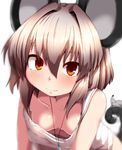  animal_ears blurry breasts cleavage downblouse extended_downblouse jewelry looking_at_viewer mouse mouse_ears mouse_tail nazrin no_bra pendant peso_(cheese_company) red_eyes short_hair silver_hair simple_background small_breasts smile solo tail touhou white_background 