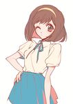  akiyamabc bow bowtie brown_eyes brown_hair devilman eyebrows hairband makimura_miki one_eye_closed school_uniform short_hair skirt smile solo 