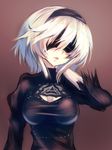  black_dress blindfold blonde_hair breasts brown_background cleavage cleavage_cutout dress hand_on_own_neck headband medium_breasts nier_(series) nier_automata okusan4645 short_hair sketch solo upper_body yorha_no._2_type_b 
