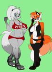  anthro arctic_fox blue_eyes breasts canine cleavage clothed clothing dekomaru duo eyewear female fox fur glasses green_background grey_fur hair legwear mammal midriff navel open_shirt orange_fur panties simple_background thehotroom thigh_highs underwear white_hair 