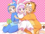  :d ^_^ animal_costume bad_id bad_pixiv_id barefoot blush_stickers bunny_costume closed_eyes feet girl_sandwich hand_on_another's_face hug ikzw lion_costume manaka_non multiple_girls open_mouth penguin_costume polka_dot polka_dot_background pretty_(series) pripara purple_eyes purple_hair sandwiched sitting sleeves_past_wrists smile soles sweatdrop taiyou_pepper tsukikawa_chiri yokozuwari 