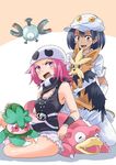  aether_foundation_employee bandana_over_mouth black_hair cabbie_hat commentary_request dark_skin fomantis gen_1_pokemon gen_5_pokemon gen_7_pokemon gloves hat herdier jewelry long_hair magnemite multiple_girls necklace open_mouth pink_hair pokemon pokemon_(creature) pokemon_(game) pokemon_sm short_hair short_sleeves slowpoke tank_top team_skull team_skull_grunt two-tone_background uniform unya white_gloves white_hat 