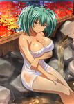  artist_request autumn_leaves breasts building cleavage green_eyes green_hair highres ikkitousen ikkitousen_great_guardians large_breasts leaf maple_leaf naked_towel official_art onsen ryofu_housen see-through smile solo towel twintails wet 