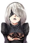  after_fellatio black_dress blindfold breasts breasts_apart commentary_request cum cum_in_mouth cum_on_clothes cum_on_hair dress facial facing_viewer hairband hews_hack lips mole mole_under_mouth nier_(series) nier_automata nipples one_breast_out open_mouth oral short_hair silver_hair small_breasts solo tongue tongue_out upper_body yorha_no._2_type_b 