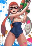  convenient_censoring covered_navel domino_mask fangs ink_tank_(splatoon) inkling lasterk long_hair looking_at_viewer mask open_mouth paint_splatter paint_stains pointy_ears red_eyes red_hair school_swimsuit smile solo splatoon_(series) splatoon_1 super_soaker swimsuit swimsuit_pull tentacle_hair 