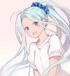  :d ahoge blue_eyes blue_hair blush granblue_fantasy hair_ornament hair_scrunchie long_hair looking_at_viewer lyria_(granblue_fantasy) mesme open_mouth ponytail scrunchie simple_background smile solo very_long_hair 