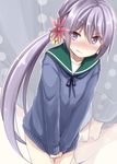  akane_souichi akebono_(kantai_collection) bell blush bow clenched_teeth clothes_tug flower hair_bell hair_between_eyes hair_bow hair_flower hair_ornament jingle_bell kantai_collection long_hair looking_at_viewer no_pants purple_eyes purple_hair purple_sweater school_uniform serafuku solo sweater sweater_tug teeth thighs very_long_hair zoom_layer 