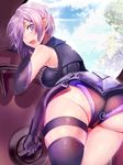  armor armored_dress ass bangs black_gloves black_legwear black_leotard blue_sky breasts cloud cloudy_sky commentary crotch_seam day elbow_gloves fate/grand_order fate_(series) gloves hair_over_one_eye holding_shield large_breasts leaning_on_object leotard looking_at_viewer looking_back mash_kyrielight nochita_shin open_mouth outdoors purple_eyes purple_hair shield short_hair sideboob signature single_thighhigh sky solo thigh_strap thighhighs thighs twitter_username 