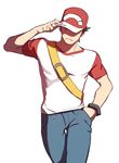  adjusting_clothes adjusting_hat baseball_cap brown_hair denim hand_in_pocket hat highres jeans male_focus pants pokemon pokemon_(game) pokemon_sm red_(pokemon) shaded_face solo walking white_background z-ring 