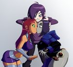  3girls blue_eyes breasts girl green_eyes green_sclera grey_skin kiss large_breasts long_hair multiple_girls purple_eyes purple_hair raven red_hair starfire teen_titans yuri zone zone-tan 