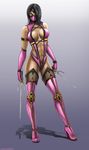  1girl black_hair breasts mask midriff mileena mortal_kombat navel sai_(weapon) slit_pupils weapon yellow_eyes 