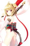  ahoge andira_(granblue_fantasy) ass bangs blonde_hair breasts closed_mouth cowboy_shot detached_sleeves erune eyebrows_visible_through_hair flat_ass from_side granblue_fantasy holding holding_staff looking_at_viewer looking_back monkey_tail one_side_up red_eyes short_hair simple_background small_breasts smile solo staff tail thighs tika_(mika4975) white_background wide_sleeves 