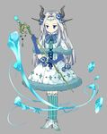  blue_eyes blue_flower blue_gloves blue_rose dress expressionless flower forehead full_body fur_trim gloves grey_background hair_flower hair_ornament horns ice kneehighs konataeru legs_together long_hair original pale_skin personification pointy_ears rose simple_background solo staff standing striped striped_legwear winter 