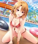  1girl beachball bikini blush breasts brown_hair collarbone highres jewelry lifebuoy momioka_risa palm_tree pool purple_eyes short_hair sky solo swimsuit thighs to_love-ru to_love-ru_darkness tree water wet wet_hair 