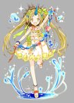  anklet dress flower frilled_dress frills full_body grey_background hair_flower hair_ornament hair_ribbon horns jewelry konataeru looking_at_viewer open_mouth original personification ribbon sandals seashell shell solo standing standing_on_one_leg summer water yellow_eyes yellow_flower 