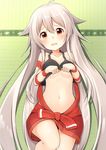  ahoge ariel23795 breasts chiya_(urara_meirochou) collarbone commentary cowboy_shot hair_between_eyes lifted_by_self long_hair looking_at_viewer medium_breasts navel no_bra red_eyes shadow shirt_lift silver_hair solo tank_top underboob urara_meirochou very_long_hair 