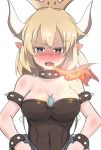  1girl abs bangs black_collar blonde_hair blue_earrings blue_eyes blush borrowed_design bowsette bracelet breasts breathing_fire brooch collar commentary crown dress embarrassed eyebrows_visible_through_hair fire frown gem highres horns jewelry kumo_(atm) large_breasts looking_at_viewer mario_(series) medium_hair new_super_mario_bros._u_deluxe nintendo open_mouth pointy_ears sharp_teeth solo spiked_armlet spiked_bracelet spiked_collar spiked_shell spikes standing strapless strapless_dress super_crown super_mario_bros. sweat teeth turtle_shell upper_body 