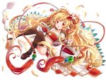  :o bare_shoulders black_legwear bracelet feathers granblue_fantasy harvin jewelry kure~pu long_hair looking_at_viewer mahira_(granblue_fantasy) red_eyes solo thighhighs very_long_hair 