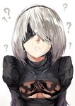  ? black_dress blindfold breasts cleavage commentary_request cum cum_on_clothes cum_on_hair dress facial facing_viewer hairband hews_hack lips mole mole_under_mouth nier_(series) nier_automata parted_lips short_hair silver_hair small_breasts solo upper_body yorha_no._2_type_b 