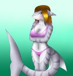 anthro bikini blush breasts cleavage clothed clothing crossed_arms embarrassed female fish gold_hair grey_eye_color invalid_color koekoek marine shade_background shark stripe swimsuit teal_background 